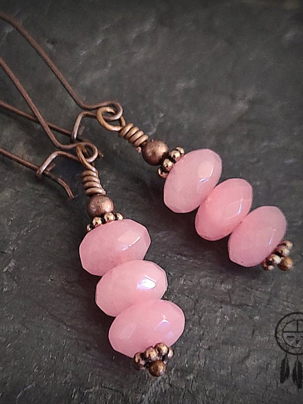 Rose Quartz Copper Dangle Earrings Pink Gemstone Boho Artisan Handmade